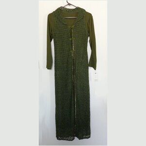 vintage 90s olive green long sleeve maxi dress and open knit duster cardigan set